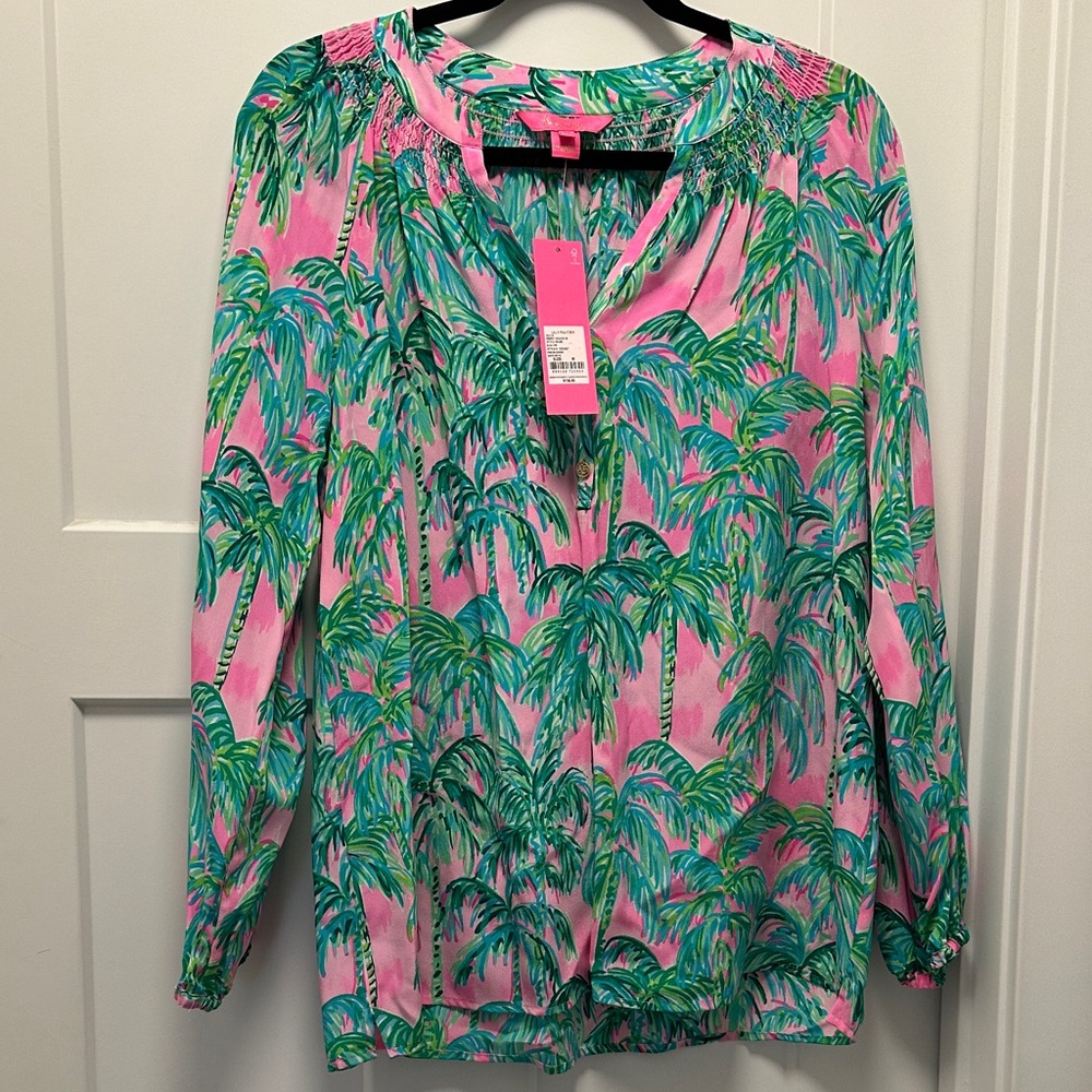 NWT Lilly Pulitzer Women’s Pink Palm-Print Long Sleeve Silk Elsa Blouse